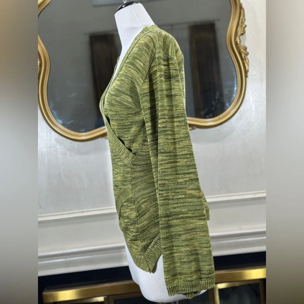Vintage Kris Tae’s Metallic Olive Green Crossover Knit Sweater Size M USA - Picture 3 of 9